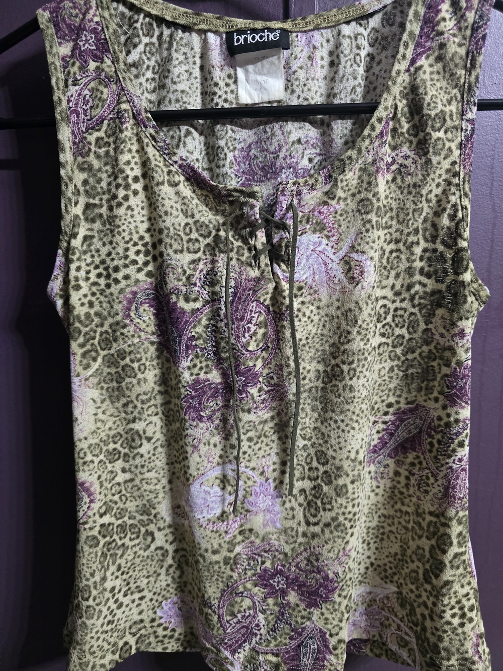 Brioche Olive-Taupe Leopard & Purple Paisley Tie-Front Tank